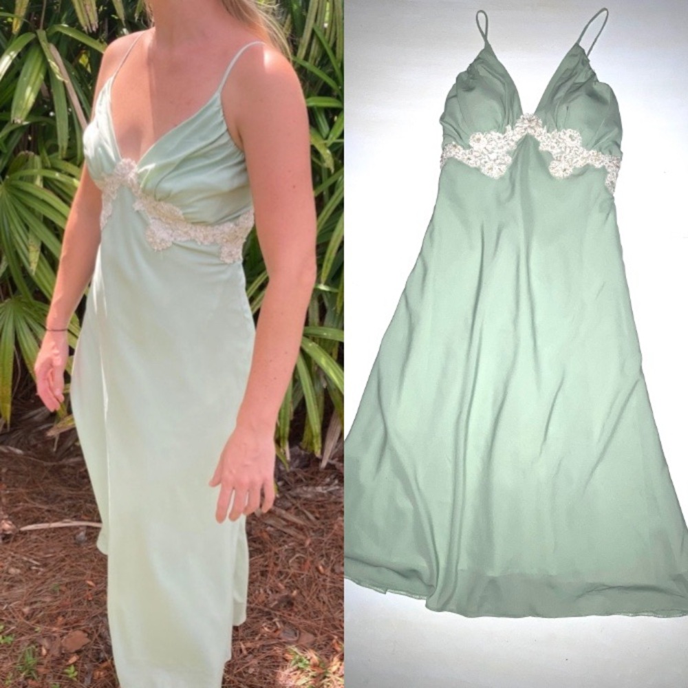 LABOR DAY SALE❤️ Vintage 90s Slip Dress Elegant Mint Green Lace Retro Slip Dress